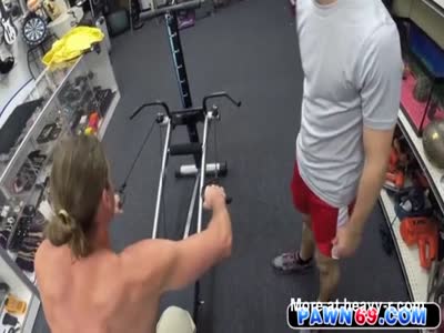 Gym rat training naked in pawn shop to the owners delight